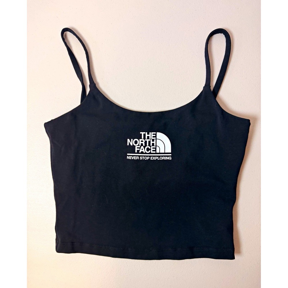 The North Face Womens Small Black Crop Cami Tank Top Logo Spaghetti Strap